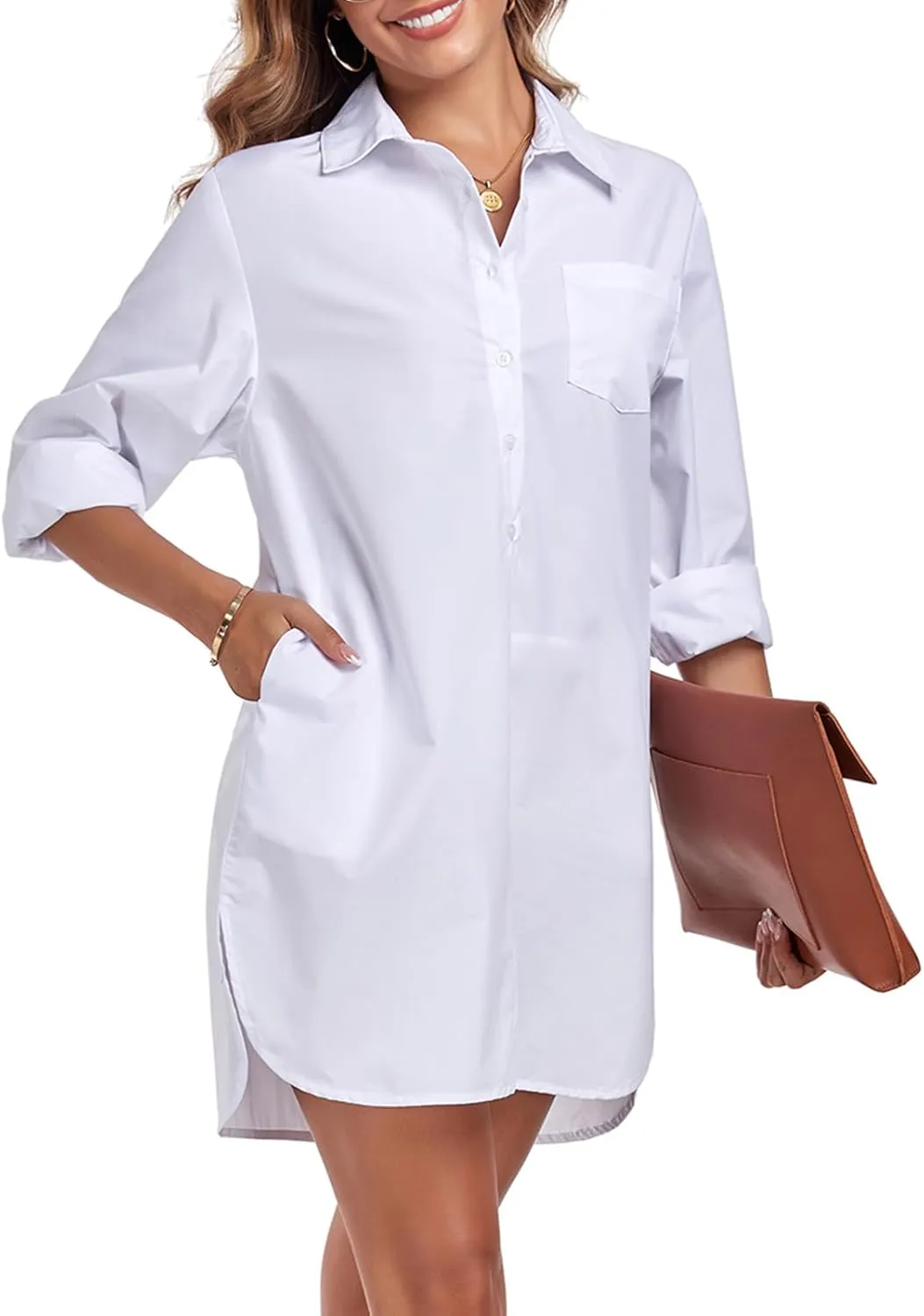 Women's Button Down Shirt Dress with Pockets Oversize Collared Long Sleeve High Low Tunic Dresses Blouse