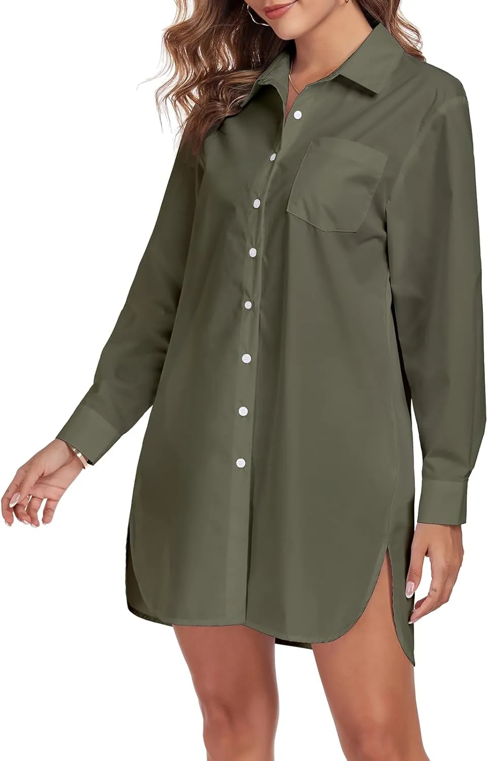 Women's Button Down Shirt Dress with Pockets Oversize Collared Long Sleeve High Low Tunic Dresses Blouse