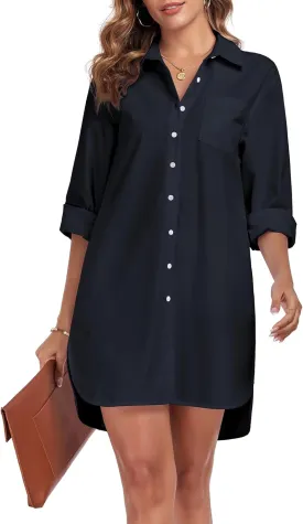 Women's Button Down Shirt Dress with Pockets Oversize Collared Long Sleeve High Low Tunic Dresses Blouse