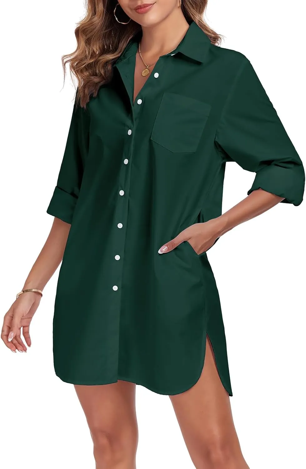 Women's Button Down Shirt Dress with Pockets Oversize Collared Long Sleeve High Low Tunic Dresses Blouse