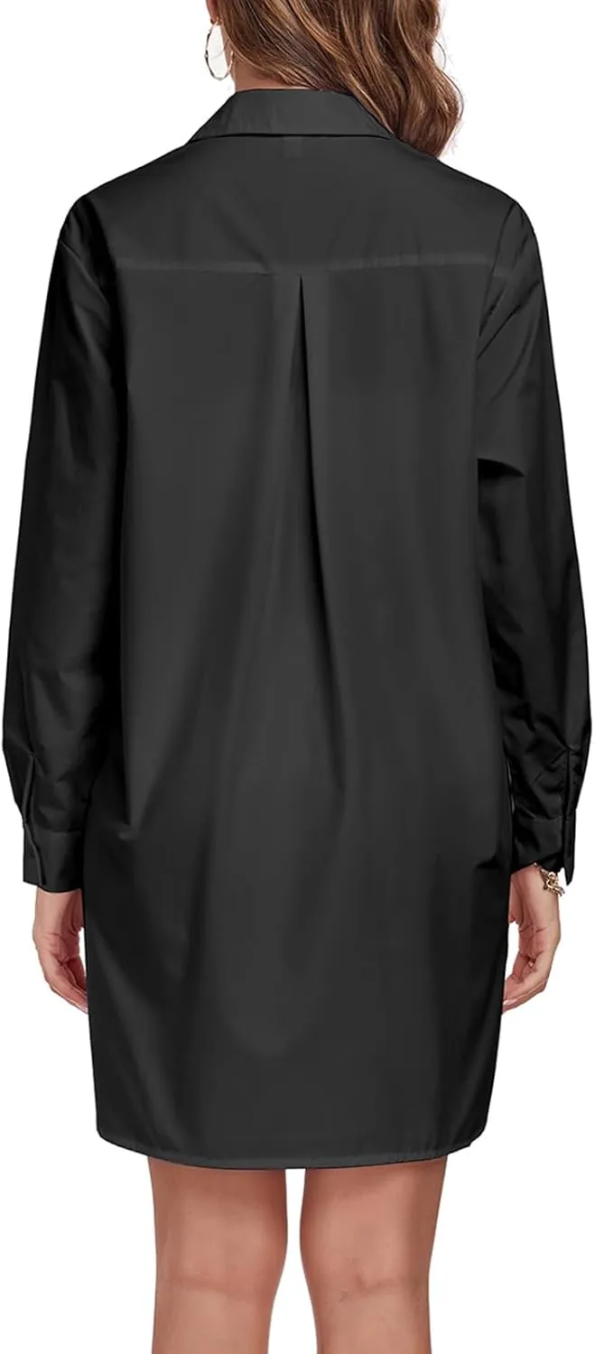 Women's Button Down Shirt Dress with Pockets Oversize Collared Long Sleeve High Low Tunic Dresses Blouse