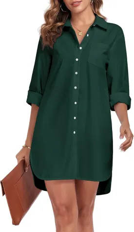 Women's Button Down Shirt Dress with Pockets Oversize Collared Long Sleeve High Low Tunic Dresses Blouse