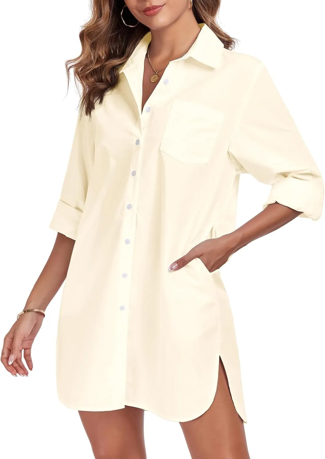 Women's Button Down Shirt Dress with Pockets Oversize Collared Long Sleeve High Low Tunic Dresses Blouse