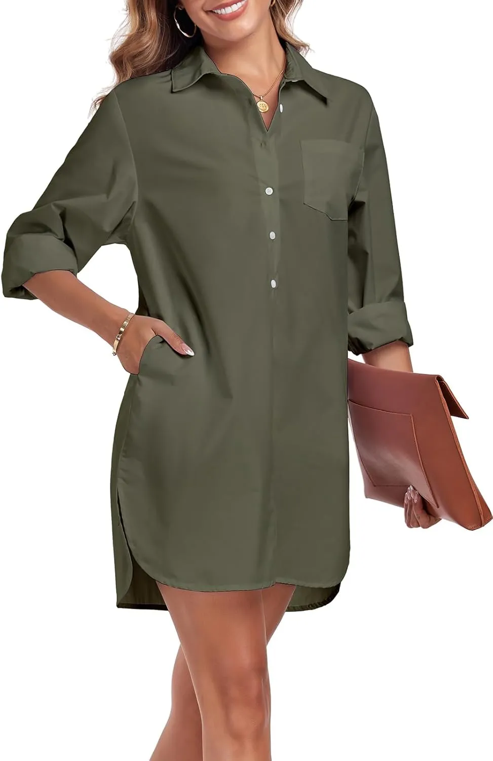 Women's Button Down Shirt Dress with Pockets Oversize Collared Long Sleeve High Low Tunic Dresses Blouse