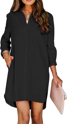 Womens Button Down Shirt Dresses with Pockets Cotton Button Up Tunics Long Sleeve Solid High Low Blouse Tops
