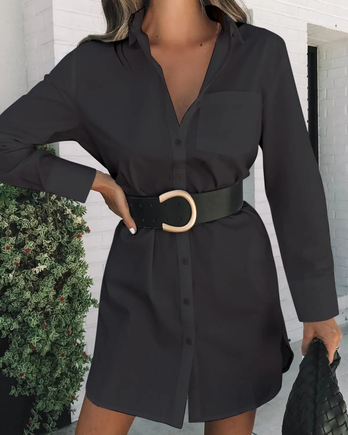 Womens Button Down Shirt Dresses with Pockets Cotton Button Up Tunics Long Sleeve Solid High Low Blouse Tops