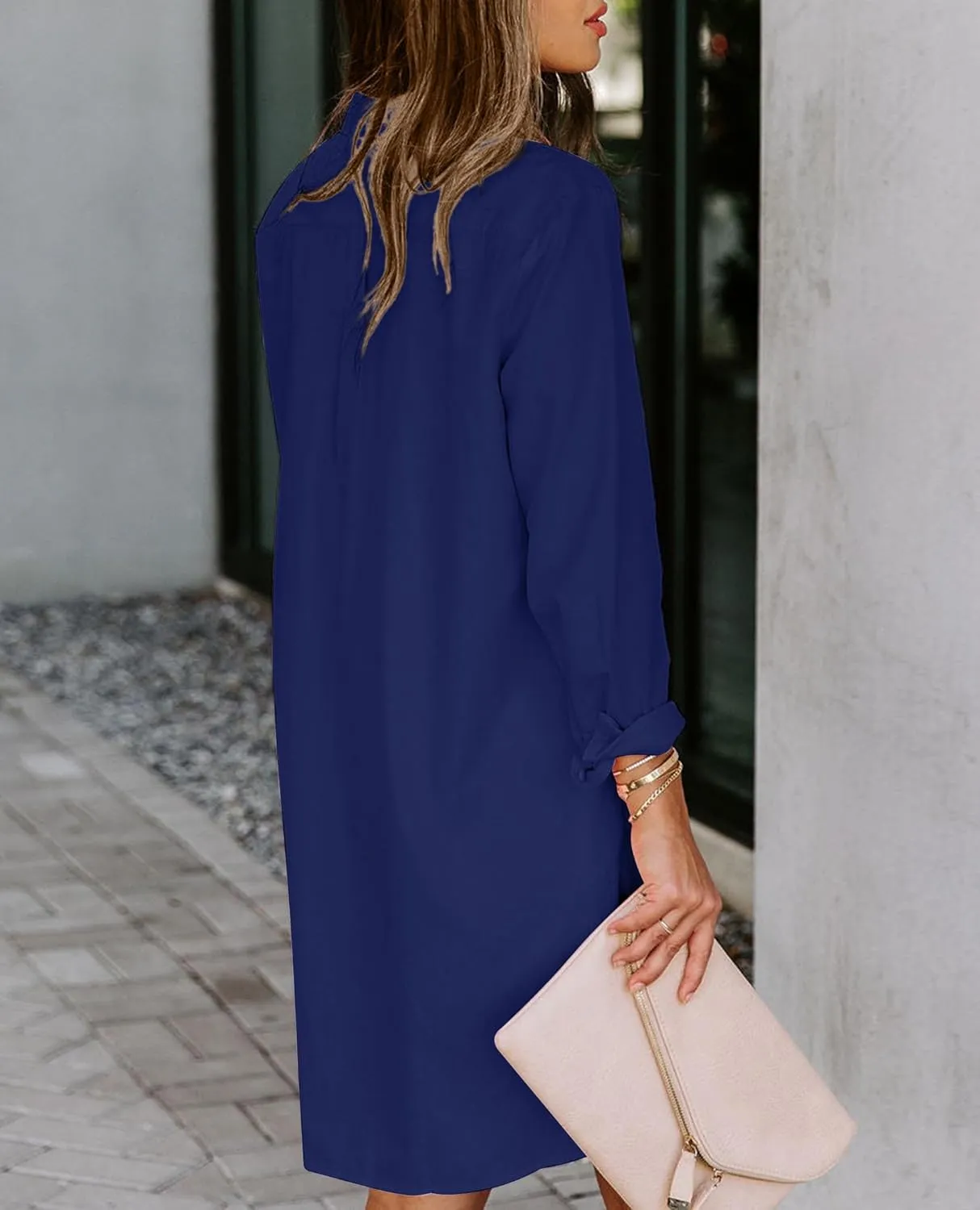 Womens Button Down Shirt Dresses with Pockets Cotton Button Up Tunics Long Sleeve Solid High Low Blouse Tops
