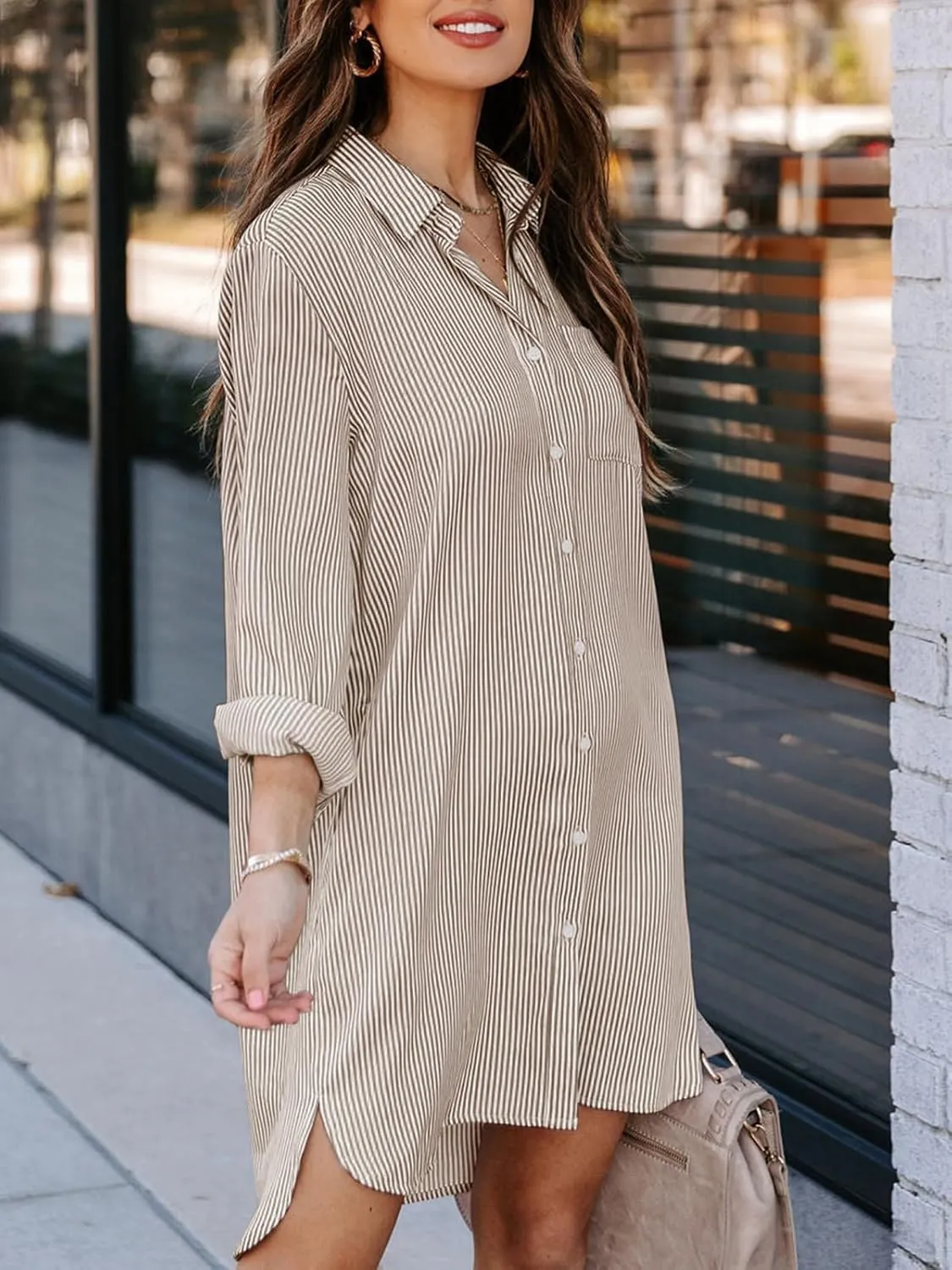 Womens Button Down Shirt Dresses with Pockets Cotton Striped Shirts Collared Tunics Long Sleeve High Low Blouse Tops