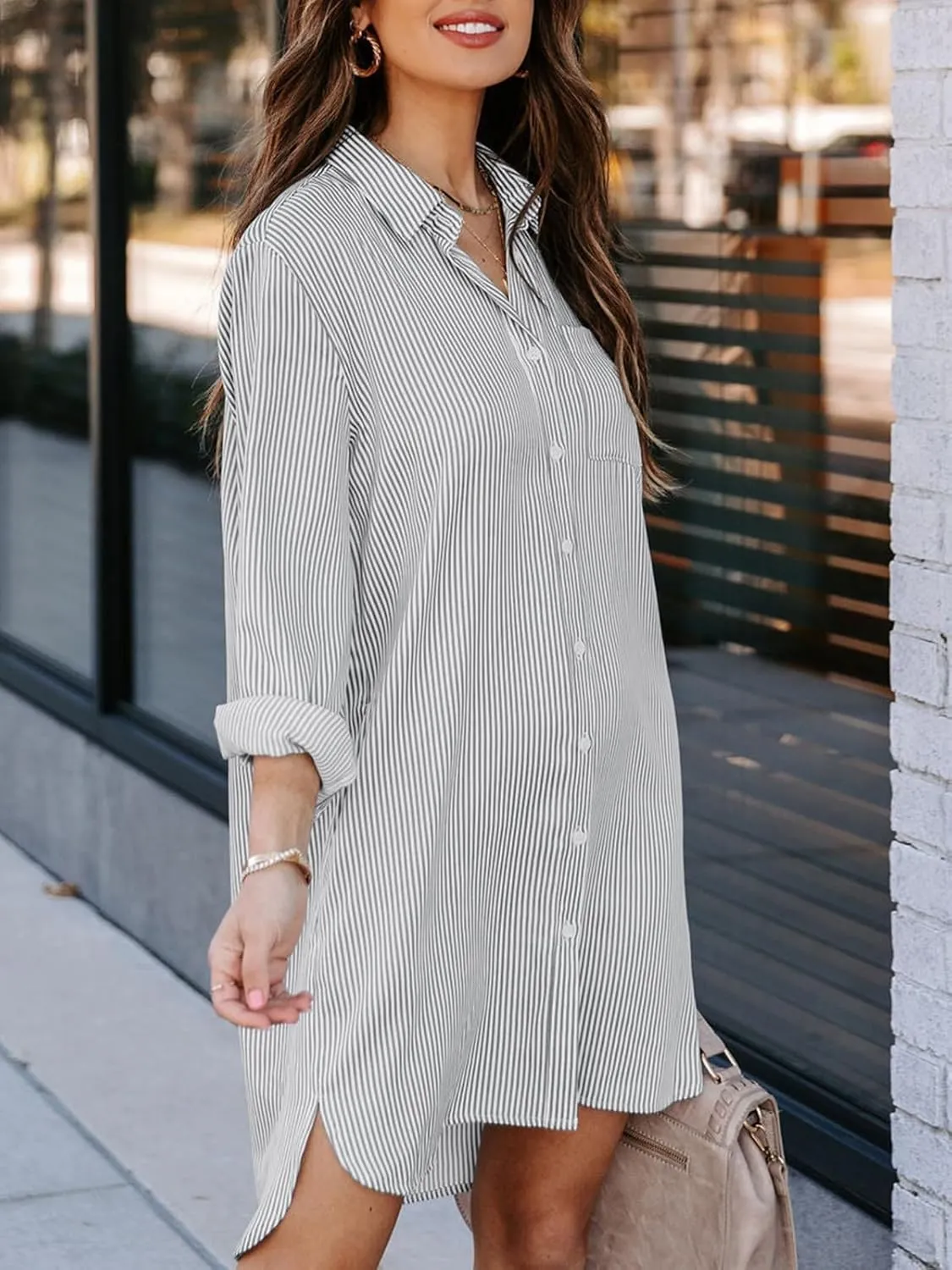 Womens Button Down Shirt Dresses with Pockets Cotton Striped Shirts Collared Tunics Long Sleeve High Low Blouse Tops