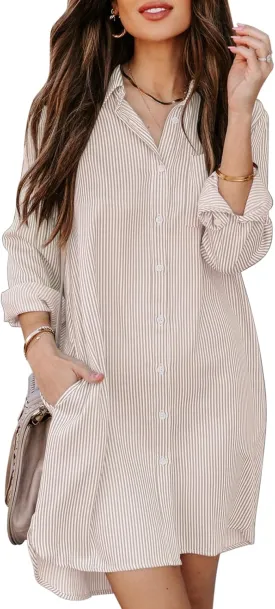 Womens Button Down Shirt Dresses with Pockets Cotton Striped Shirts Collared Tunics Long Sleeve High Low Blouse Tops
