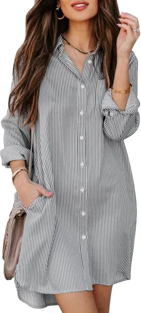 Womens Button Down Shirt Dresses with Pockets Cotton Striped Shirts Collared Tunics Long Sleeve High Low Blouse Tops