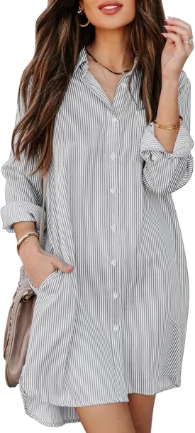 Womens Button Down Shirt Dresses with Pockets Cotton Striped Shirts Collared Tunics Long Sleeve High Low Blouse Tops
