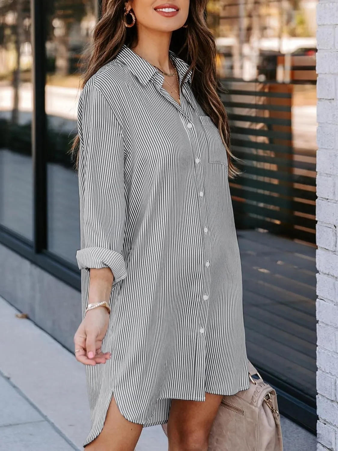 Womens Button Down Shirt Dresses with Pockets Cotton Striped Shirts Collared Tunics Long Sleeve High Low Blouse Tops