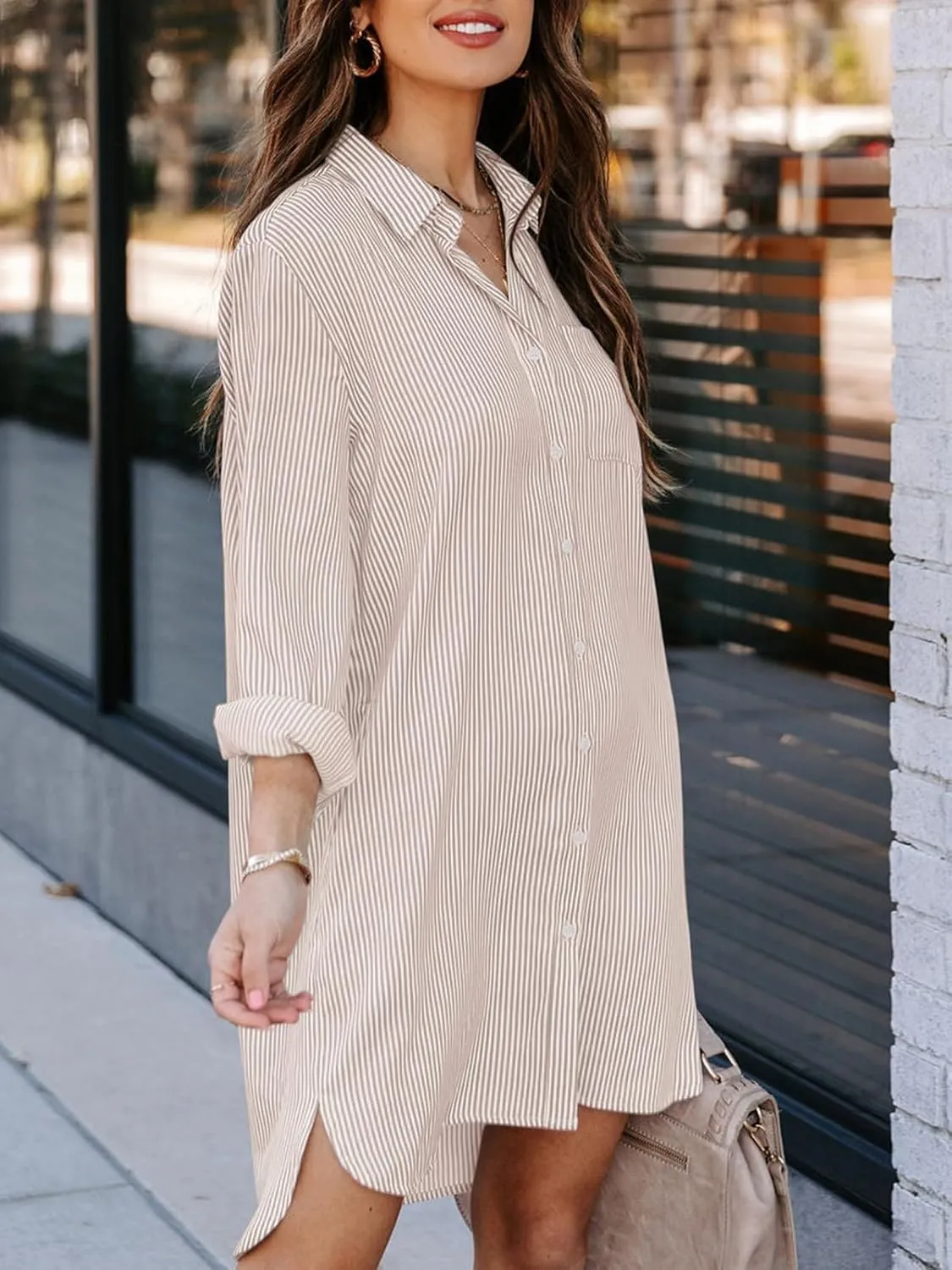 Womens Button Down Shirt Dresses with Pockets Cotton Striped Shirts Collared Tunics Long Sleeve High Low Blouse Tops