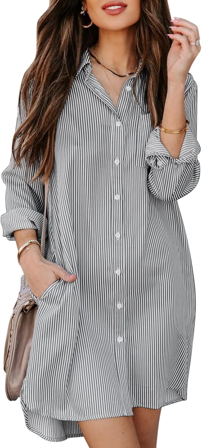 Womens Button Down Shirt Dresses with Pockets Cotton Striped Shirts Collared Tunics Long Sleeve High Low Blouse Tops