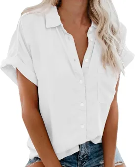 Womens Button Down Shirts Casual Cap Sleeve V Neck Shirt Business Work Blouses Slim Fit Summer Fashion Dressy Tops
