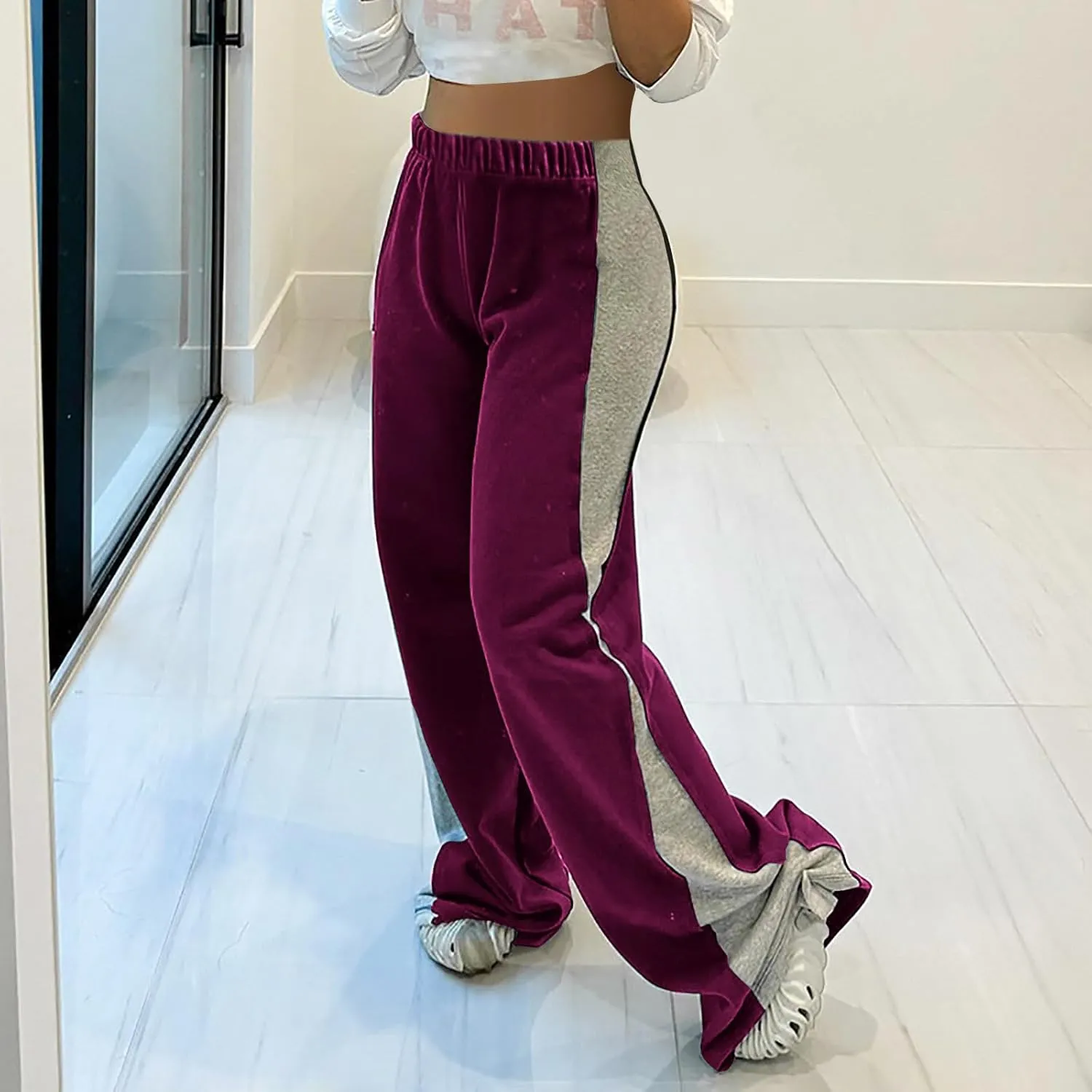 Women's Elastic Waist Color Block Patchwork Jogger Pants Workout Running Sweatpants Baggy Lounge Pants Casual Trousers