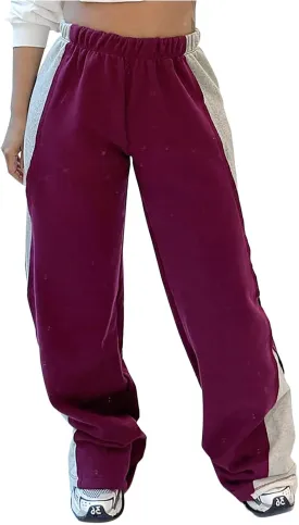 Women's Elastic Waist Color Block Patchwork Jogger Pants Workout Running Sweatpants Baggy Lounge Pants Casual Trousers