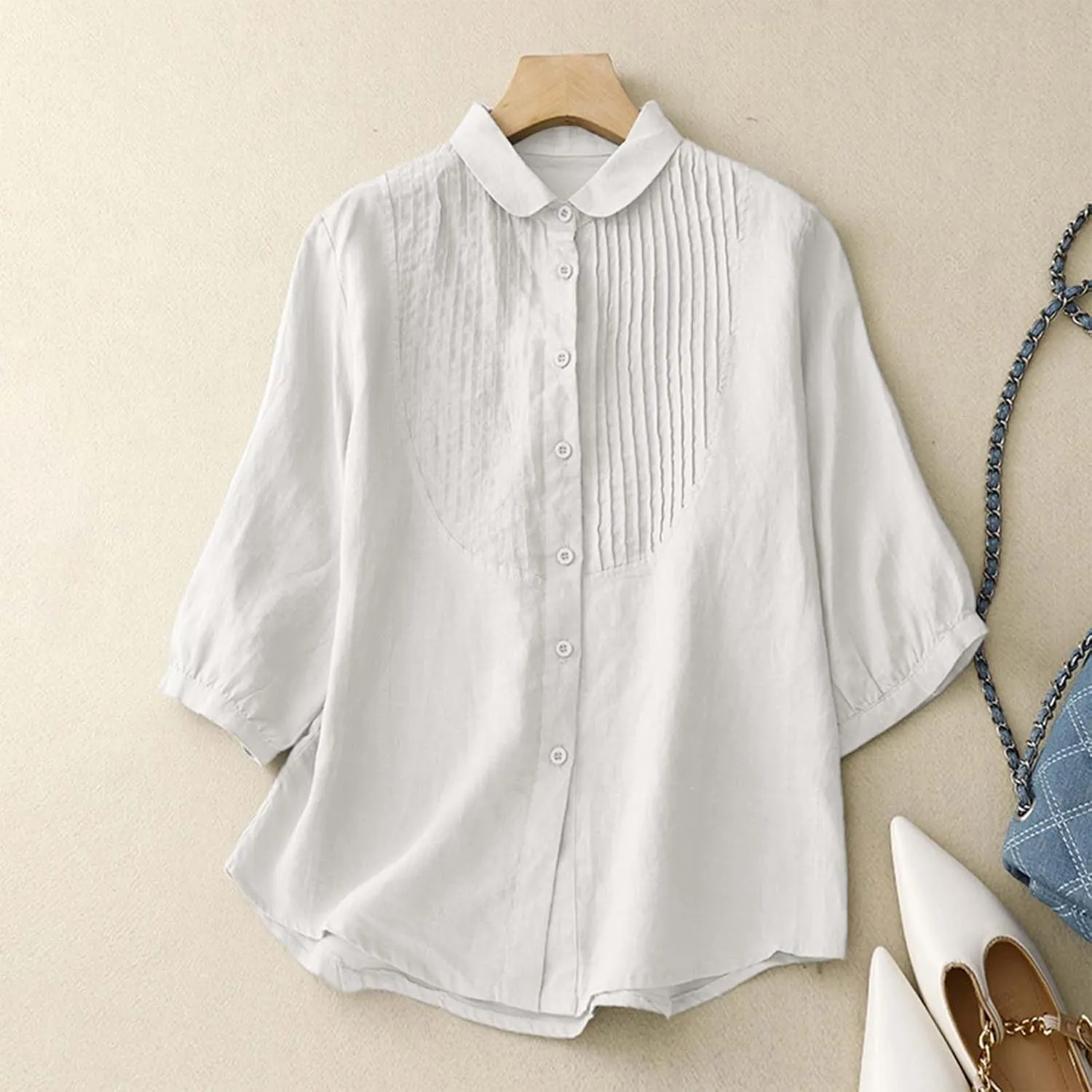 Womens Linen Shirts V-Neck Embroidery Blouse Floral 2025 Summer Tee Shirts Short Sleeve Loose T Shirts