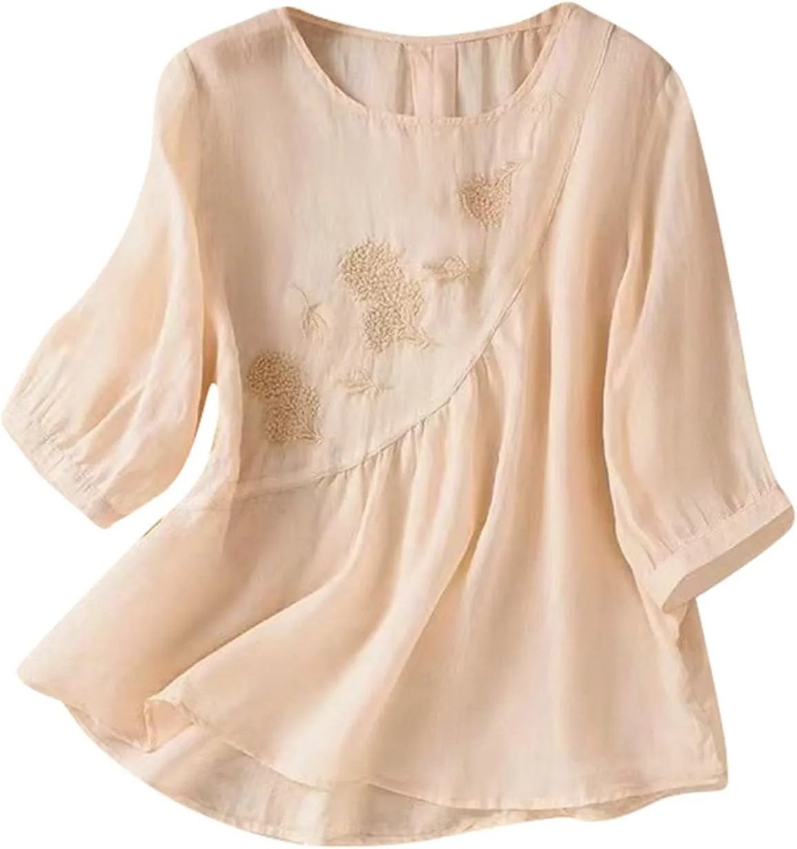 Womens Linen Shirts V-Neck Embroidery Blouse Floral 2025 Summer Tee Shirts Short Sleeve Loose T Shirts