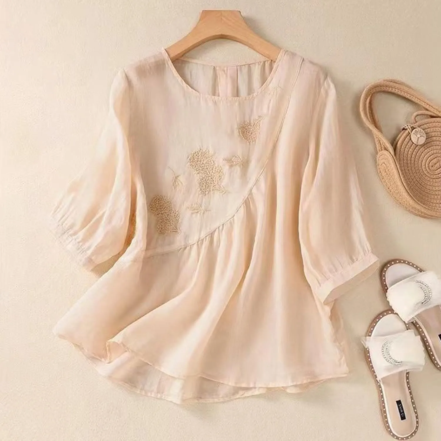 Womens Linen Shirts V-Neck Embroidery Blouse Floral 2025 Summer Tee Shirts Short Sleeve Loose T Shirts