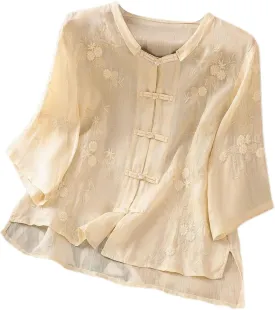 Womens Linen Shirts V-Neck Embroidery Blouse Floral 2025 Summer Tee Shirts Short Sleeve Loose T Shirts