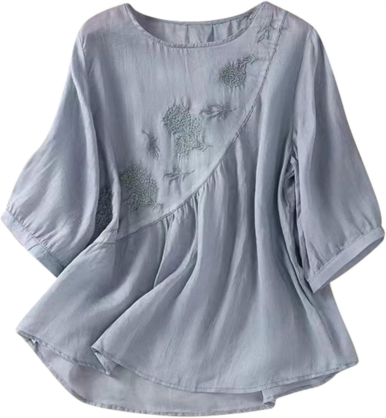 Womens Linen Shirts V-Neck Embroidery Blouse Floral 2025 Summer Tee Shirts Short Sleeve Loose T Shirts