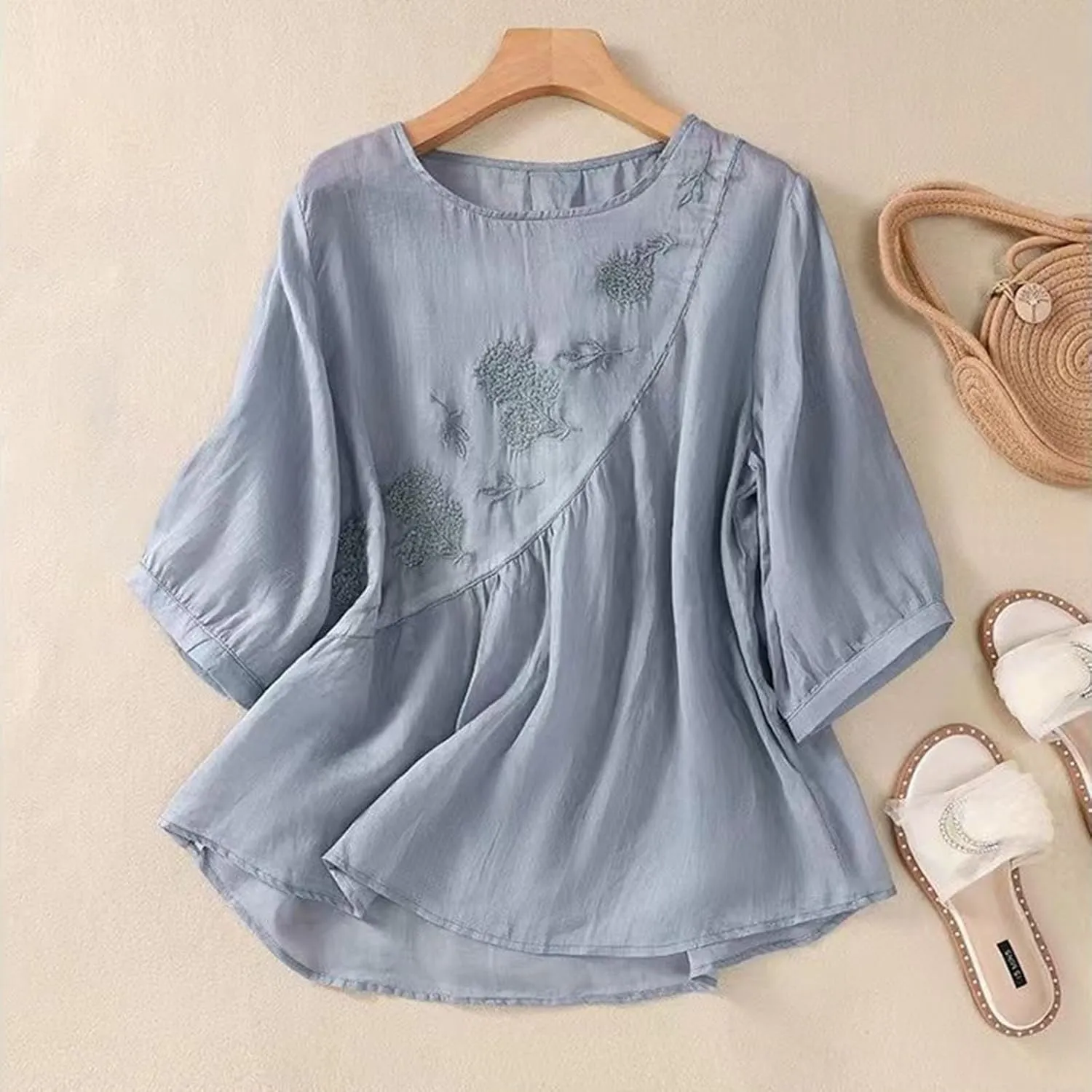 Womens Linen Shirts V-Neck Embroidery Blouse Floral 2025 Summer Tee Shirts Short Sleeve Loose T Shirts