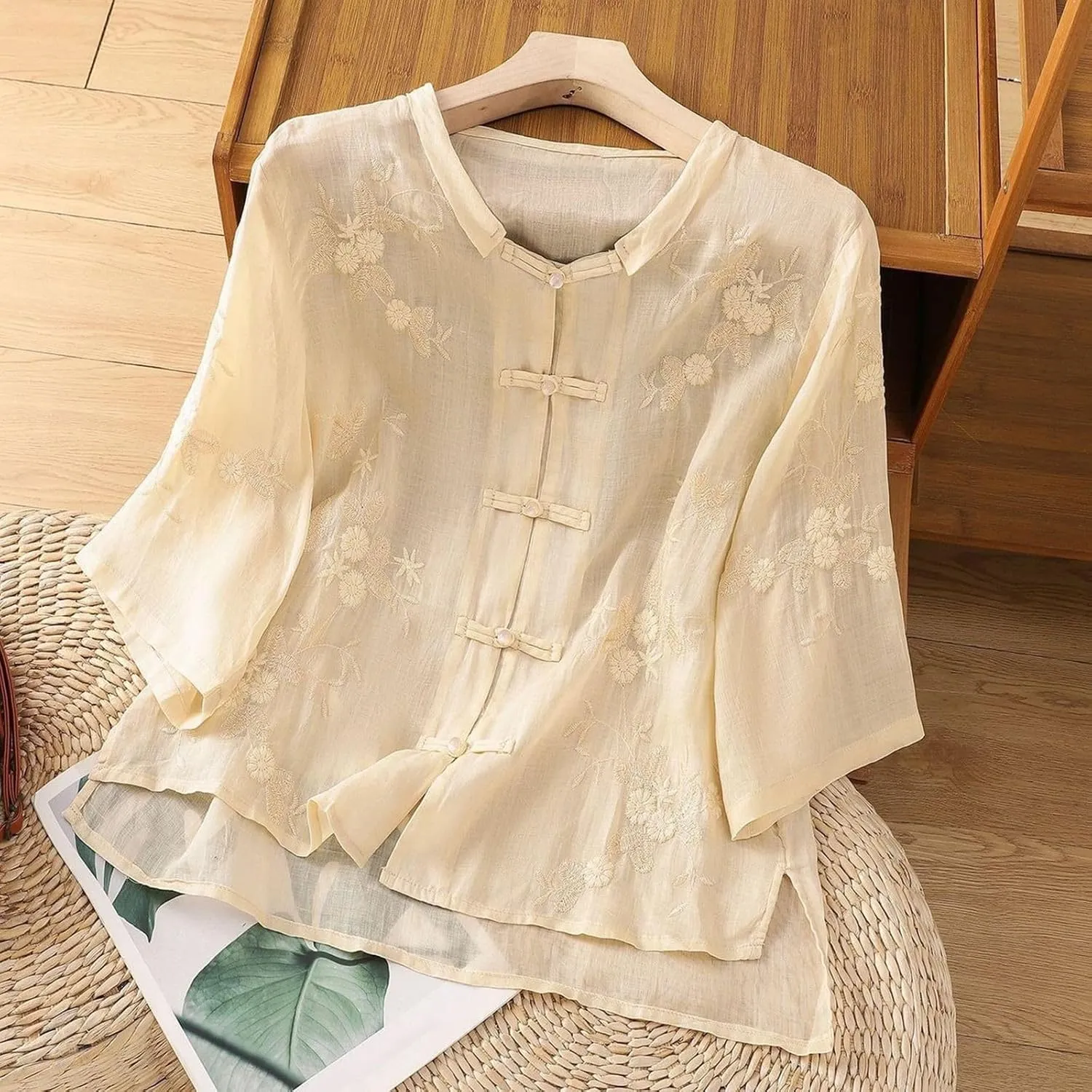 Womens Linen Shirts V-Neck Embroidery Blouse Floral 2025 Summer Tee Shirts Short Sleeve Loose T Shirts