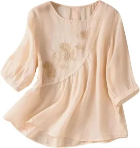 Womens Linen Shirts V-Neck Embroidery Blouse Floral 2025 Summer Tee Shirts Short Sleeve Loose T Shirts