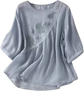 Womens Linen Shirts V-Neck Embroidery Blouse Floral 2025 Summer Tee Shirts Short Sleeve Loose T Shirts