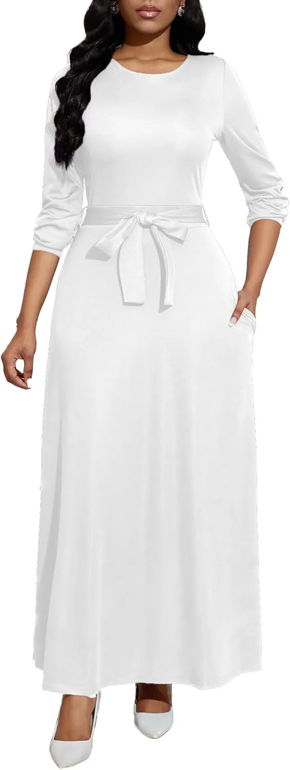 Women's Long Sleeve Crewneck Casual Maxi Dress Belted High Waist Long Dresses with Pockets