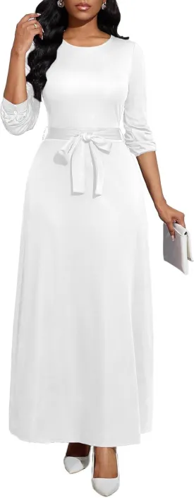 Women's Long Sleeve Crewneck Casual Maxi Dress Belted High Waist Long Dresses with Pockets