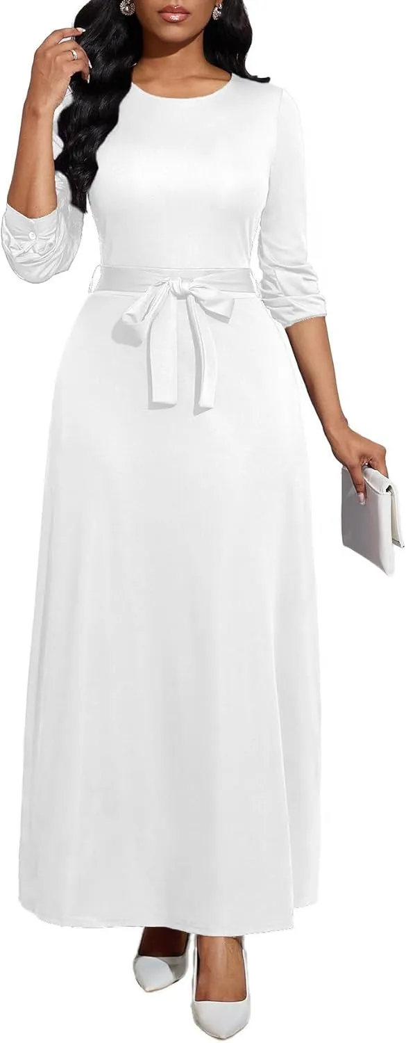 Women's Long Sleeve Crewneck Casual Maxi Dress Belted High Waist Long Dresses with Pockets