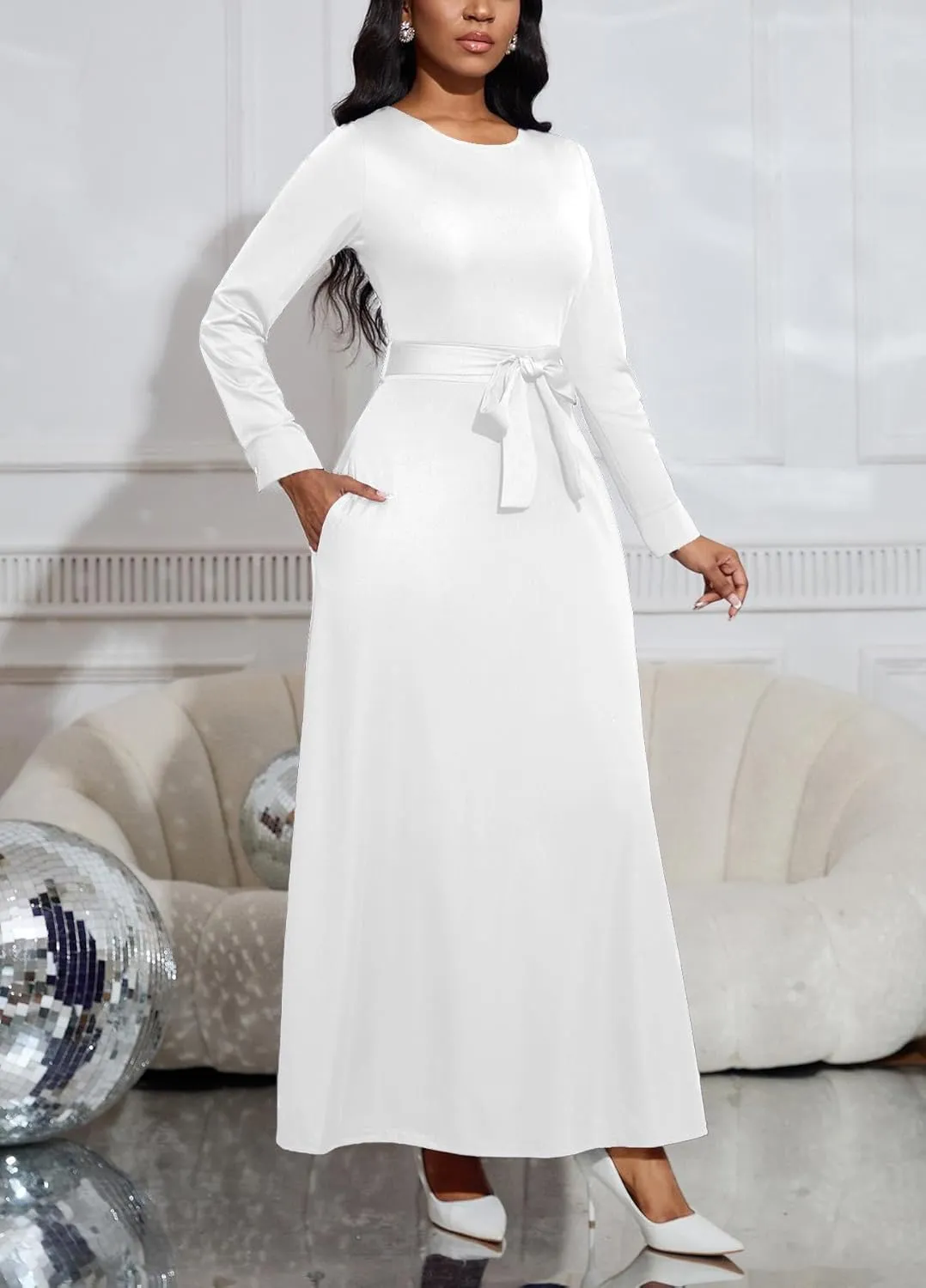 Women's Long Sleeve Crewneck Casual Maxi Dress Belted High Waist Long Dresses with Pockets