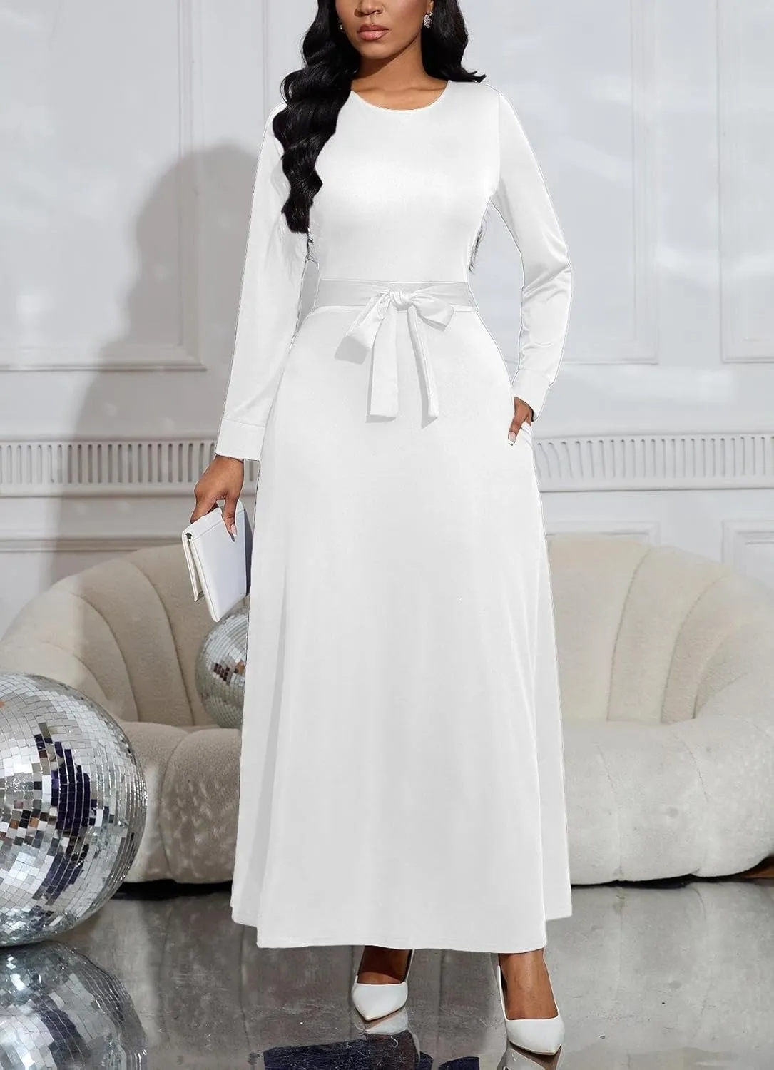 Women's Long Sleeve Crewneck Casual Maxi Dress Belted High Waist Long Dresses with Pockets