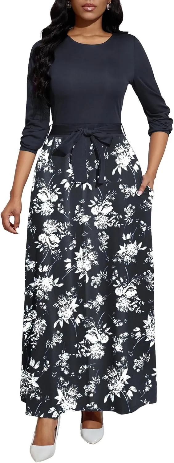Women's Long Sleeve Crewneck Casual Maxi Dress Belted High Waist Long Dresses with Pockets