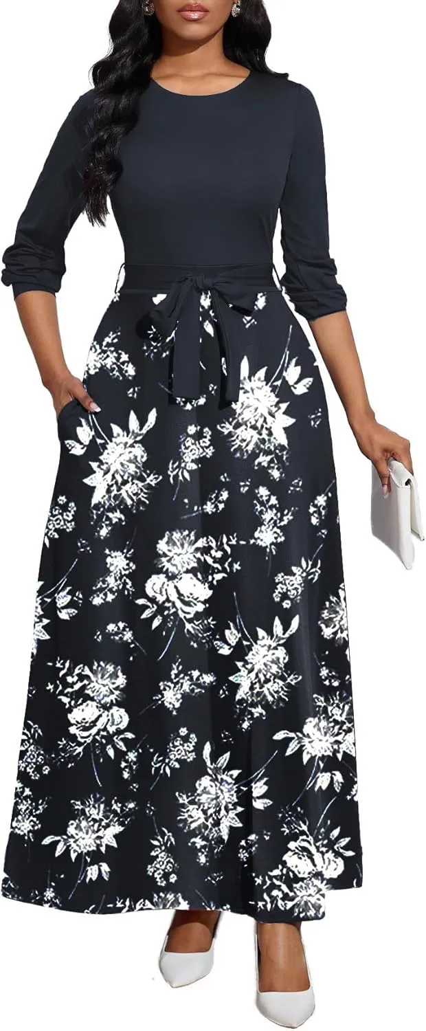 Women's Long Sleeve Crewneck Casual Maxi Dress Belted High Waist Long Dresses with Pockets