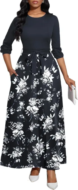 Women's Long Sleeve Crewneck Casual Maxi Dress Belted High Waist Long Dresses with Pockets