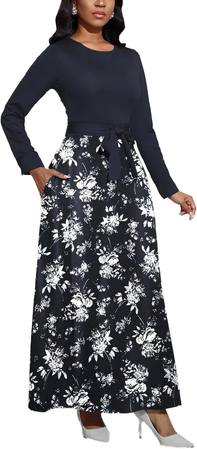 Women's Long Sleeve Crewneck Casual Maxi Dress Belted High Waist Long Dresses with Pockets