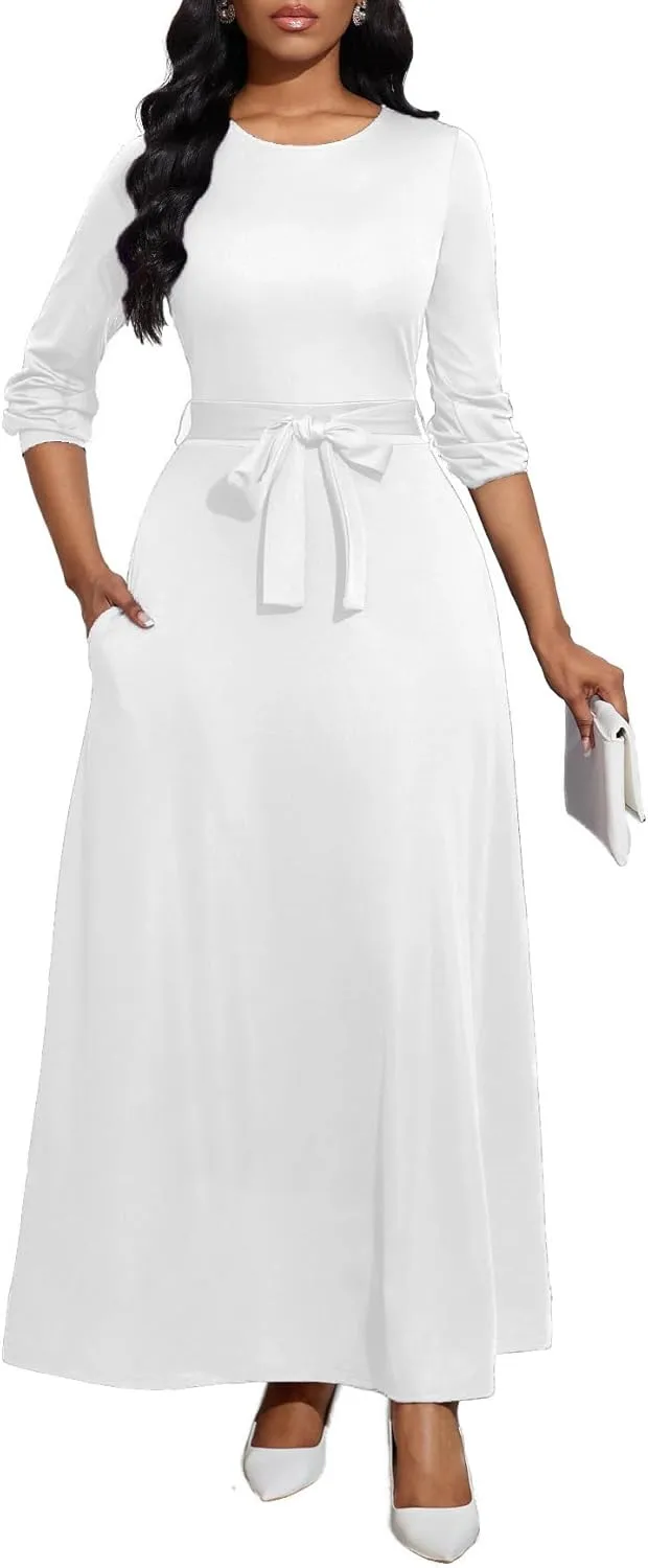 Women's Long Sleeve Crewneck Casual Maxi Dress Belted High Waist Long Dresses with Pockets