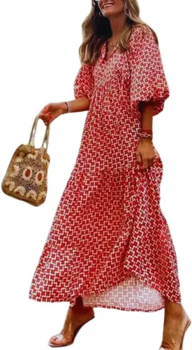 Womens Loose Fit Casual Crinkly Boho Beach Bohemian Maxi Midi Dress Beach Half Sleeve Floral Print Retro V Neck Dress