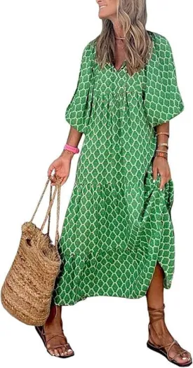 Womens Loose Fit Casual Crinkly Boho Beach Bohemian Maxi Midi Dress Beach Half Sleeve Floral Print Retro V Neck Dress