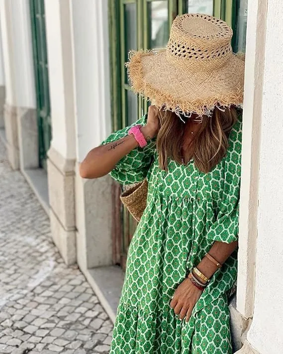 Womens Loose Fit Casual Crinkly Boho Beach Bohemian Maxi Midi Dress Beach Half Sleeve Floral Print Retro V Neck Dress
