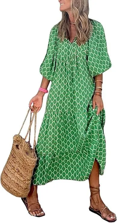 Womens Loose Fit Casual Crinkly Boho Beach Bohemian Maxi Midi Dress Beach Half Sleeve Floral Print Retro V Neck Dress