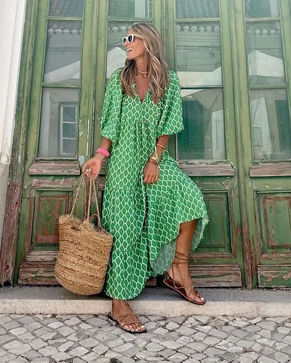 Womens Loose Fit Casual Crinkly Boho Beach Bohemian Maxi Midi Dress Beach Half Sleeve Floral Print Retro V Neck Dress