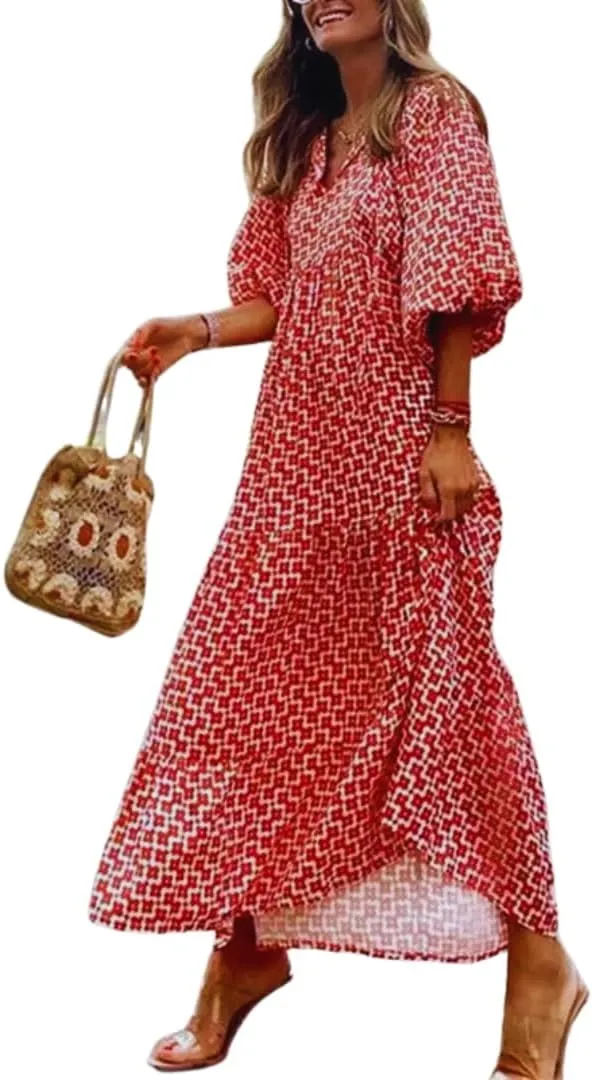 Womens Loose Fit Casual Crinkly Boho Beach Bohemian Maxi Midi Dress Beach Half Sleeve Floral Print Retro V Neck Dress