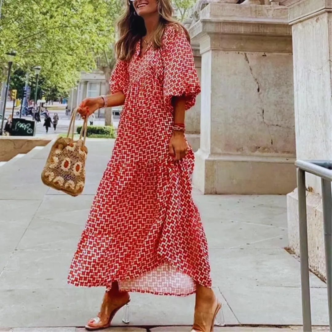 Womens Loose Fit Casual Crinkly Boho Beach Bohemian Maxi Midi Dress Beach Half Sleeve Floral Print Retro V Neck Dress