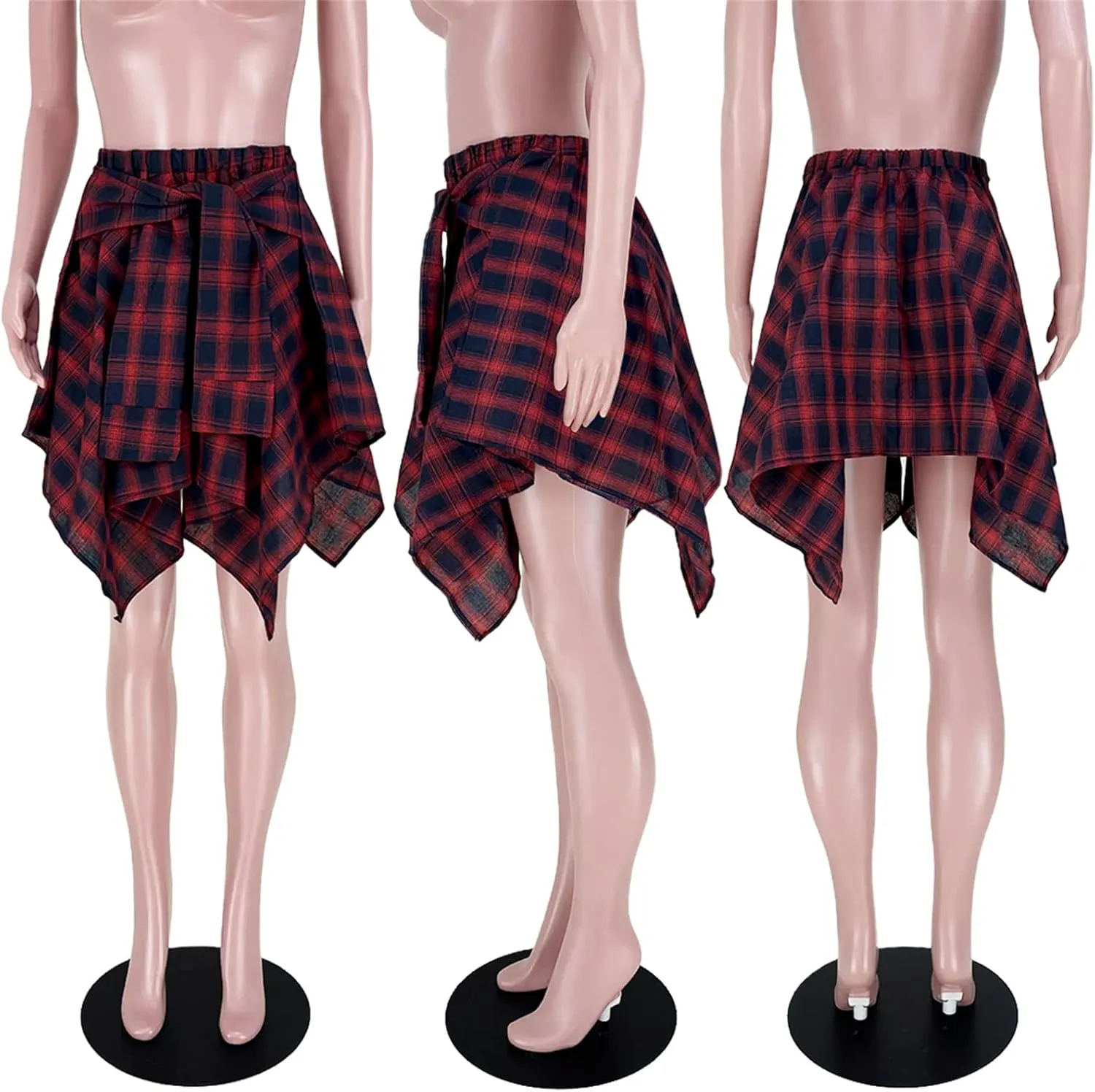 Women's Plaid Skirts High Waisted Knot Front Asymmetrical Hem Mini Skater Skirt