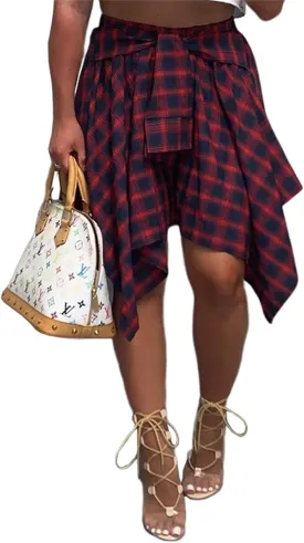 Women's Plaid Skirts High Waisted Knot Front Asymmetrical Hem Mini Skater Skirt